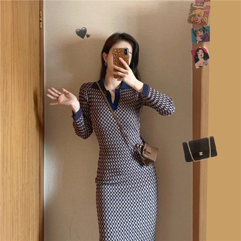

Colorblock Plaid Crochet Woman Dress Bodycon Knitted Maxi Evening Robe Clothes Dresses For Women Long Cheap With Elegant Classy