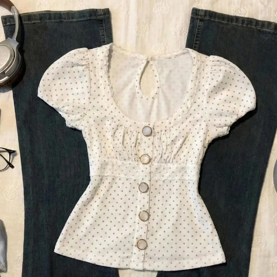 Shirts for Women 2027 New Crop Top Polka Dot T-shirts Bubble Button Short Sleeves Top Ropa De Mujer Grunge Korean Tshirt