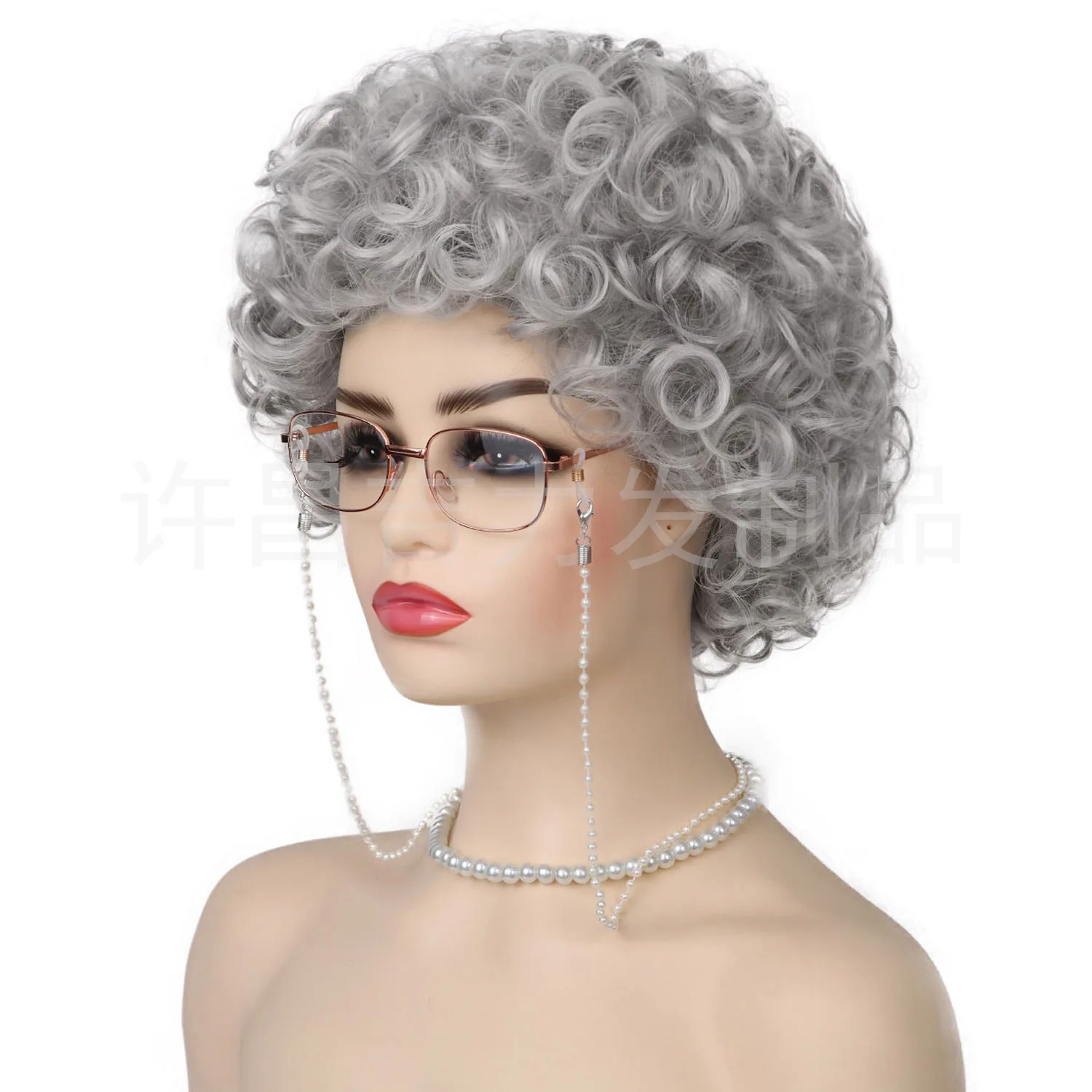 Halloween women Old Lady Wig Mrs Claus grey white curly hair costumes