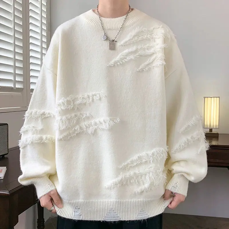 Fashion O-Neck Solid Color Spliced Tassel Sweaters Men's Clothing 2024 Autumn Winter New Loose Casual Pullovers Young Style Tops