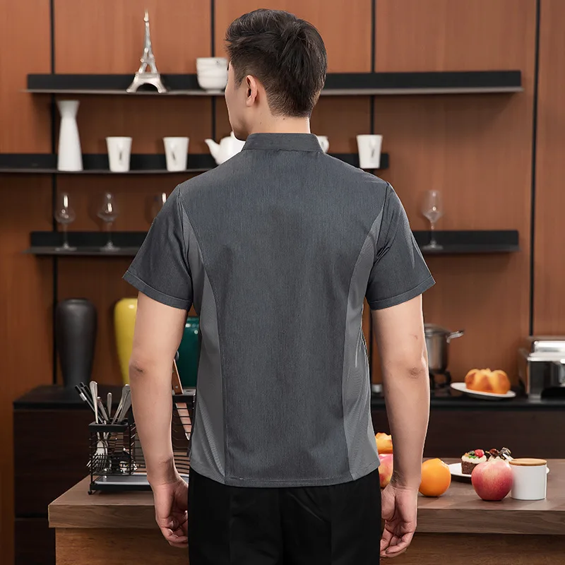 Summer Ice Silk Chef Overalls Short Sleeve Men's Breathable Hotel Dining Kitchen Clothes Women's Canteen Kitchen Restaurant Work