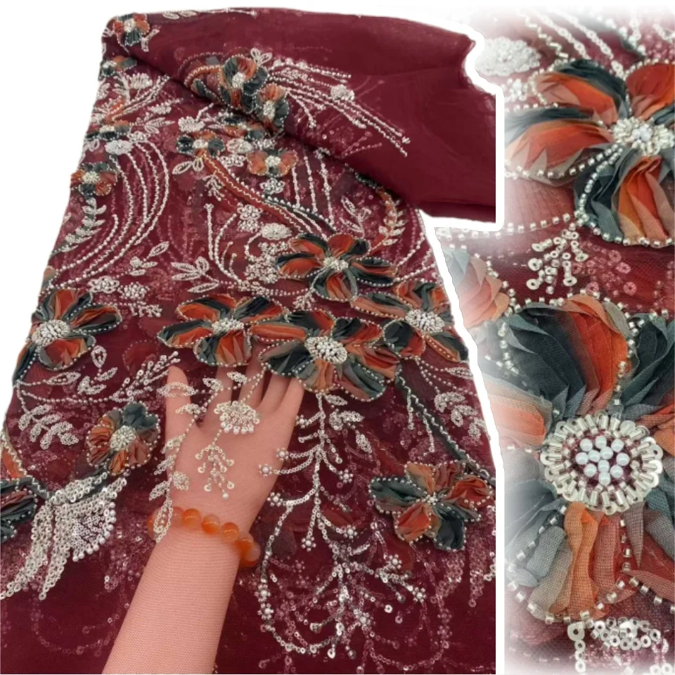 

Latest African 3D Flower Lace Fabric Embroidery 2025 French Sequins Mesh Lace Fabric Nigerian Tulle Lace for Party Dress SZ1660