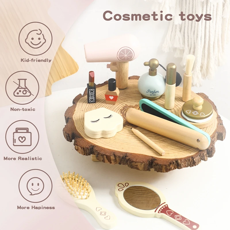 Girls Wooden Simulation Kid Makeup Set Children Girls Game Lipstick Beauty Bag Montessori Education Play Cosmetic Case Gift Toys