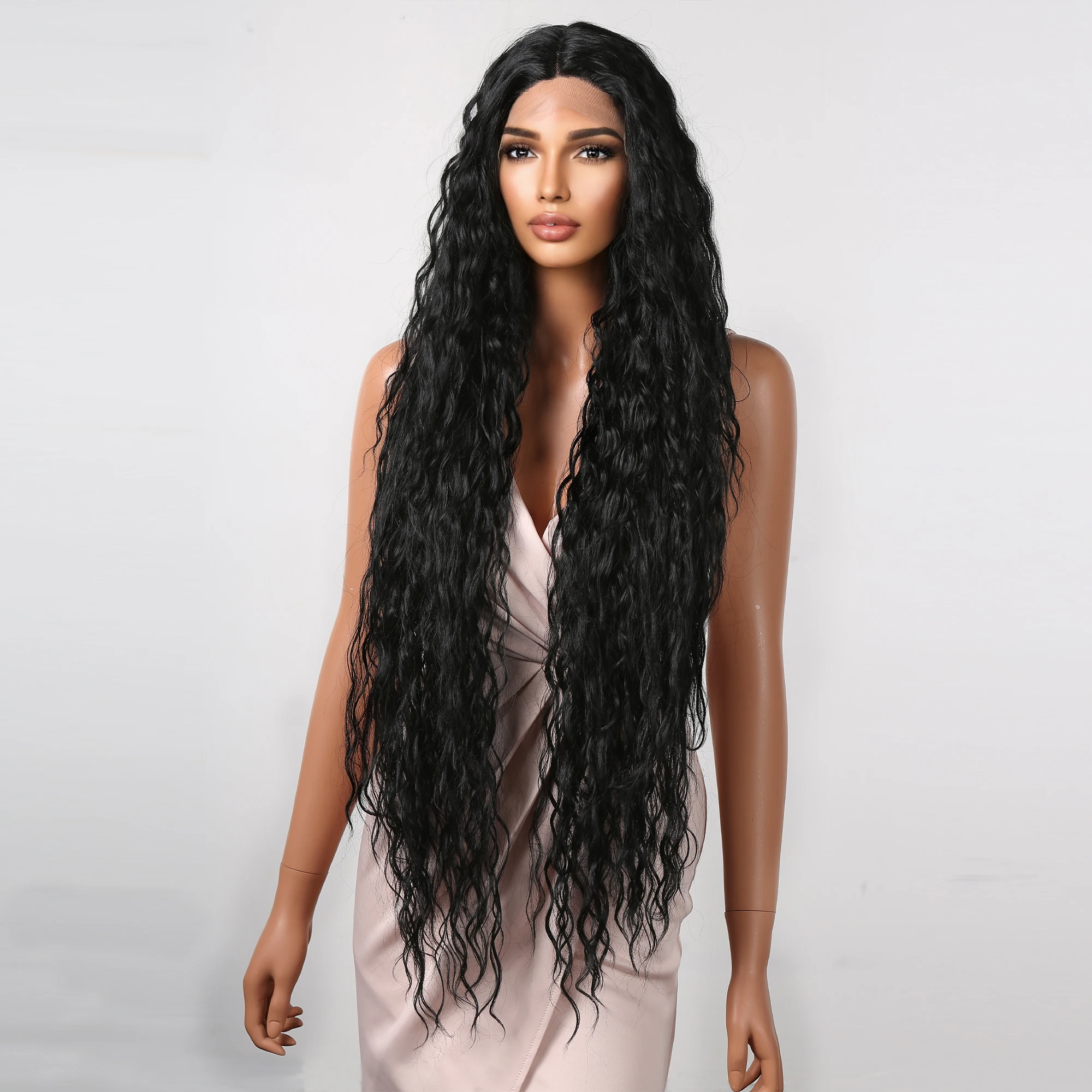 شعر مستعار اصطناعي طويل مجعد من hair cube للنساء الأفريقيات ، مموج عميق ، باروكات دانتيل سوداء طبيعية ، تأثيري يومي ، مقاوم للحرارة