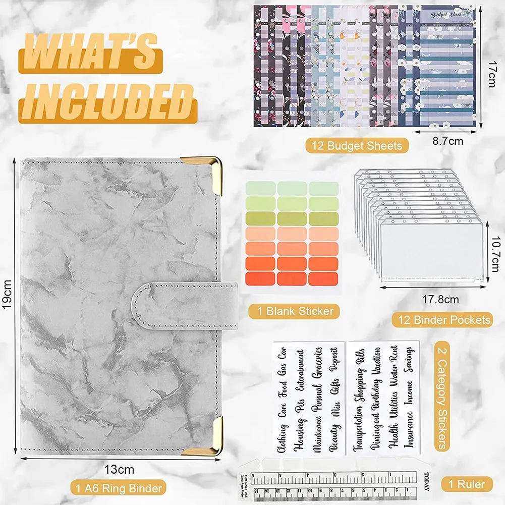 6 Holes Loose-Leaf Notebook, PU A6 Binder Notebook A6 Notebook Budget Planner Folder Budget Sheets Binder Covers D