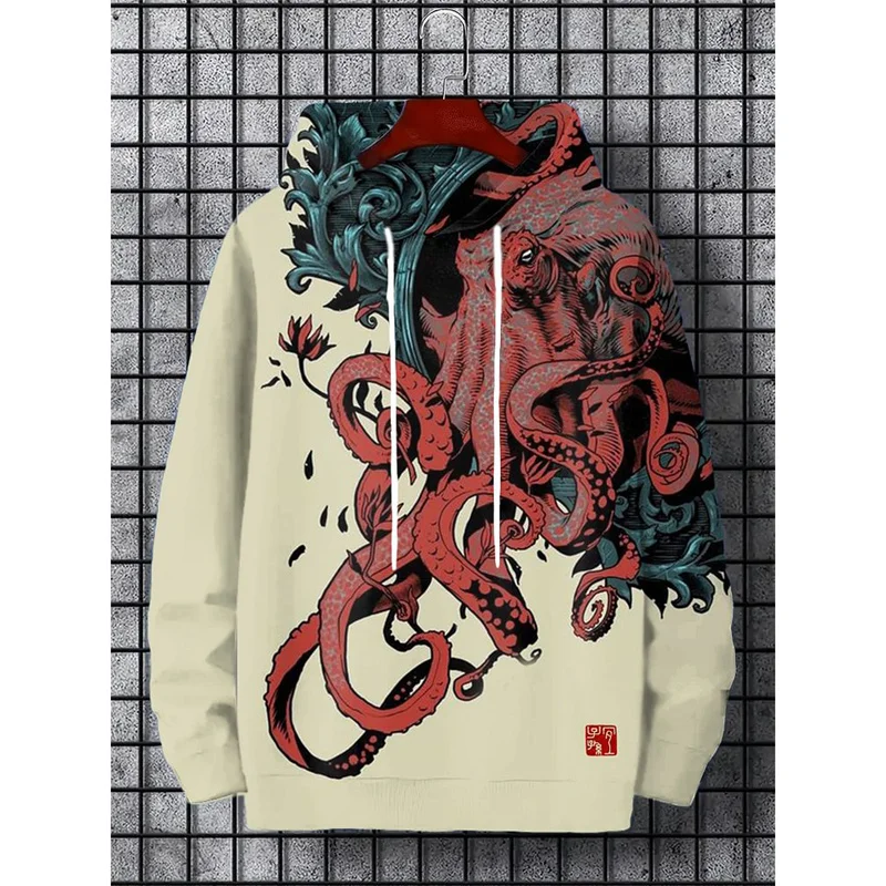 Japanese Harajuku 3D Printed Hoodies For Men Mountain Cat Tentacle Graphic Sweatshirts Casual Loose Hooded Long Sleeves Pullover