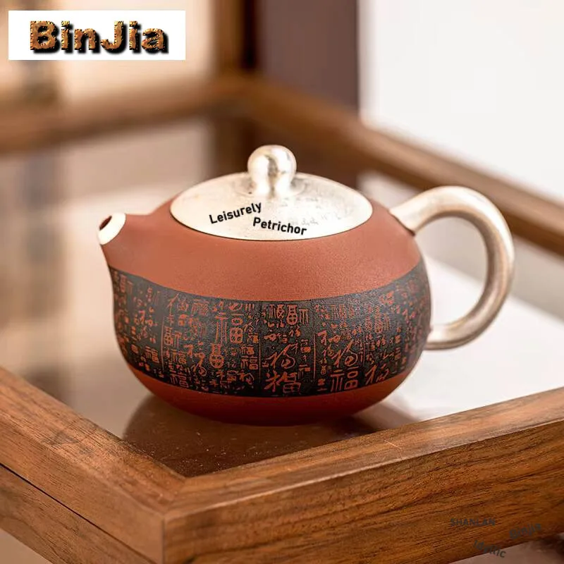 200Ml Handmade 999 Gilded Sier Teapot Good Fortune Zhu Mud Zisha Xi Shi Pot Tea Maker Kettle Cha Accessories Collection Gifts