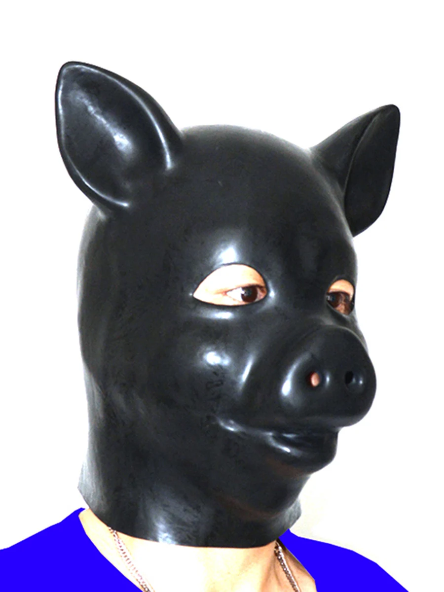 Latex Animal Mask Fetish hood with back zipper Cosplay Hats hoods Anime Pig accessory slave