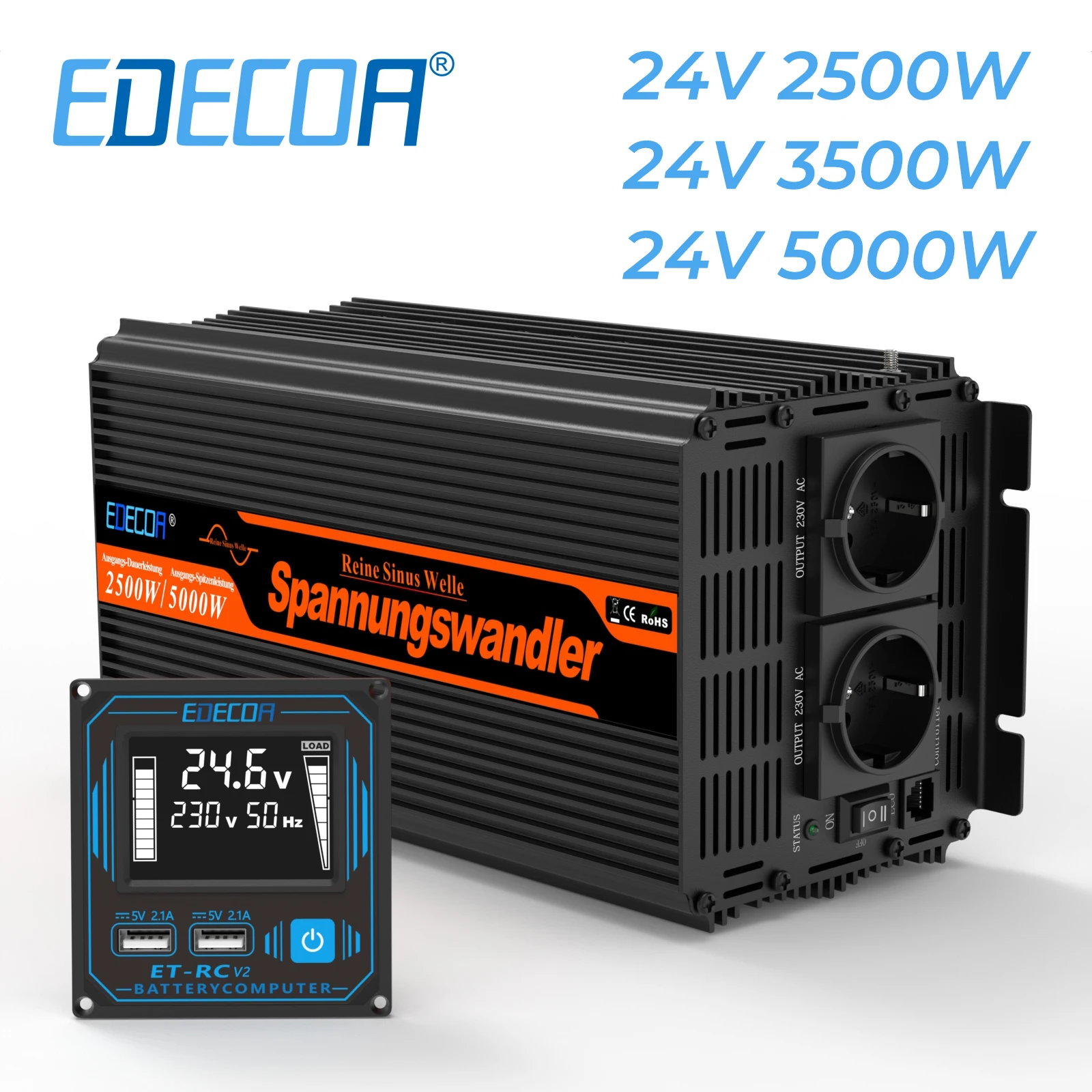 Inverter di potenza a onda sinusoidale pura EDECOA da 24V CC a 220V/230V CA, 2500W/3500W/5000W, per alimentazione di emergenza fuori rete per camion e