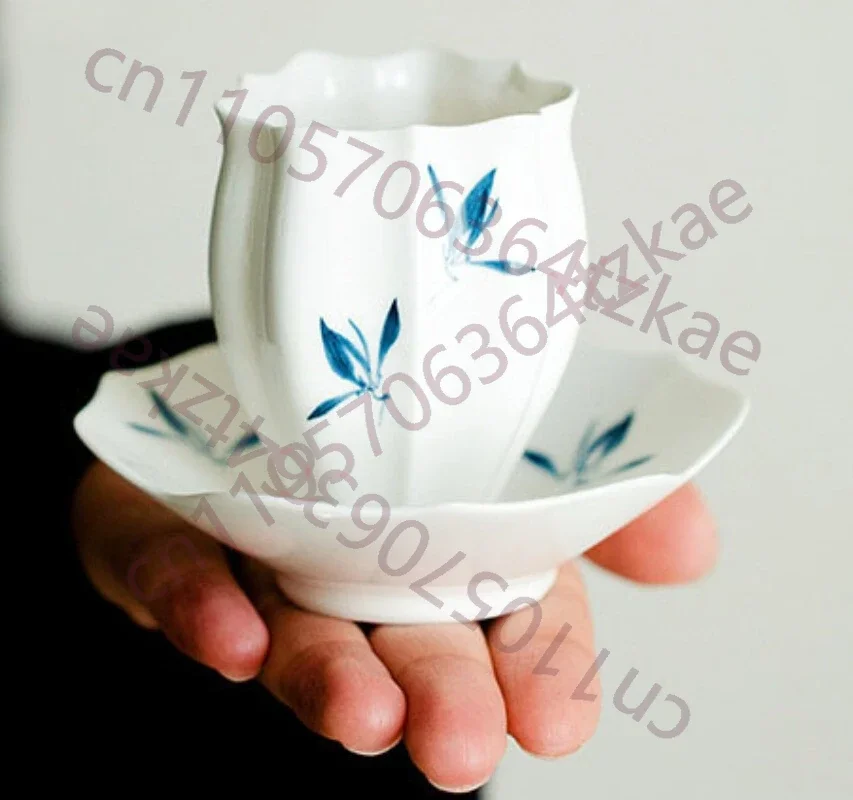 Orchid Ceramic Teacup with Cup Holder Cushion Saucer Kung Fu Master Tea Cup Gift