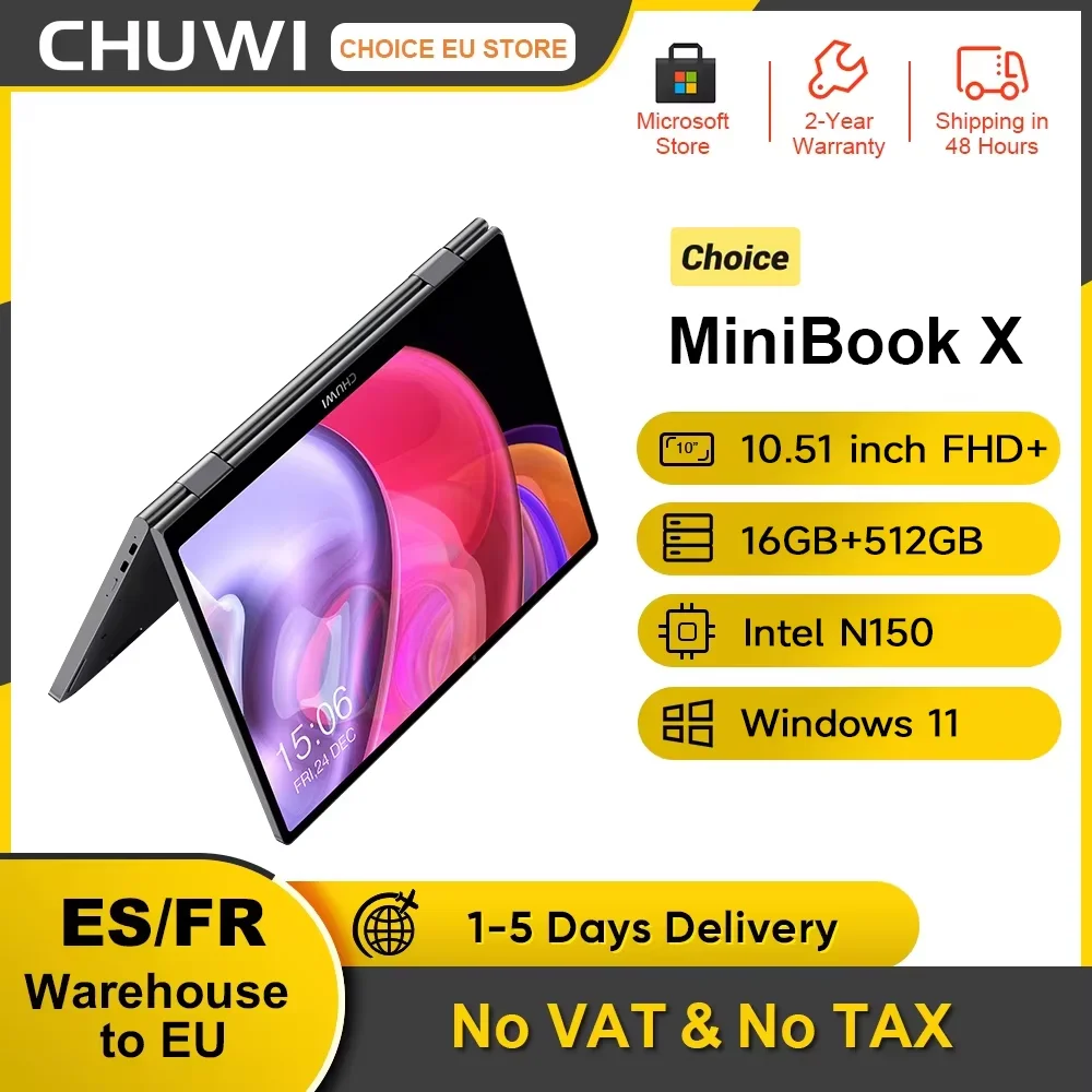 CHUWI MiniBook X N150 Ordinateur portable 10,51 pouces 16 Go de RAM 512 Go SSD 2 en 1 Mode Yoga Intel Windows 11 Notebook 360 °   WiFi 6 rabattable