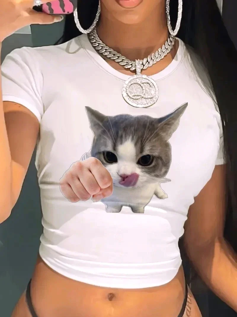 90s Kawaii Meme Cat Print Crew Neck T-shirt Y2K Short Sleeve Tight Fit Crop Top Spring Summer Women's Clothing Y2k Clothes 2000s