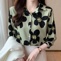 Women Spring Fashion Office Lady Loose Floral Polo-Neck Long Sleeve Shirts Women Clothes Casual All-match Appear Thin Trend Tops