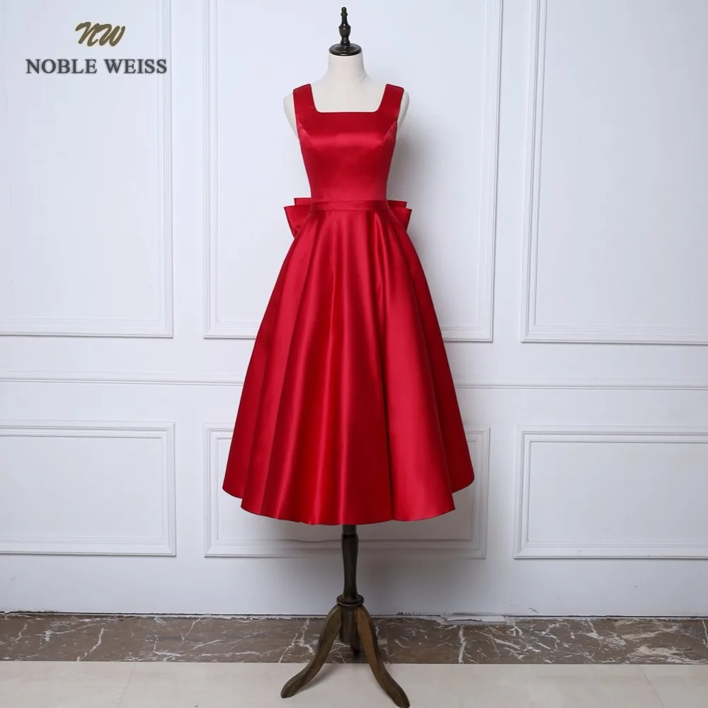 NOBLE WEISS Tea-Length New  A-Line Evening Dresses Square Collar Satin  Prom Party Gown With A Big Bow Customized