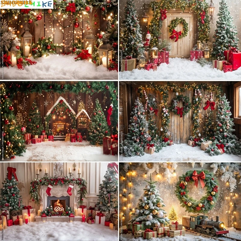 

Christmas Day Gift Boxes Steam Train Photography Backdrops Living Room Holidays Carpet Fireplace Pine Trees Background VT-01