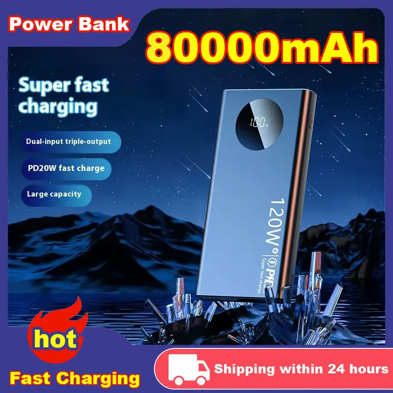 120W 80000mAh Power Bank Super Fast Charging Ultralarge Capacity Digital Display Powerbank for iPhone Samsung External Battery