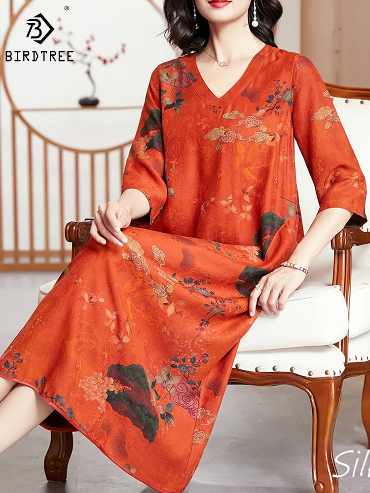 BirdTree 100%Real Silk XiangYunSha Dresses Women,V-Neck Plus Size Pocket Retro,Slim Elegant A-line Dress,2024 Spring D42301QD