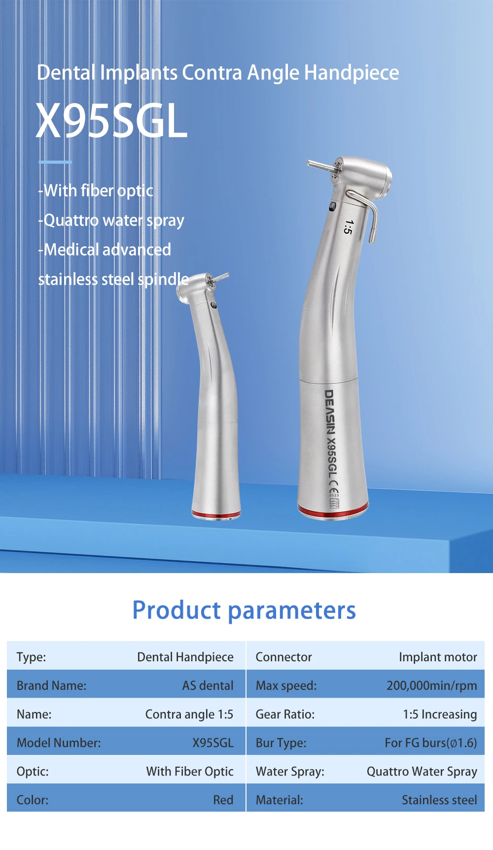 DEASIN Dentalchirurgisches Material 1:5 Vergrößerndes LED-Kontrawinkelstück mit externer Wasserirrigation für Implantate – Detail 1