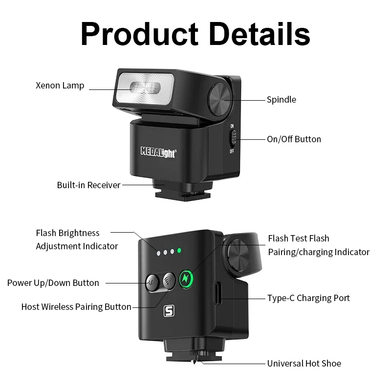 

Set-Top Mini Flash Medalight F2s Multi-Angle Adjustable Lamp Head Universal Single-Contact Hot Shoe Compatible with Most Cameras