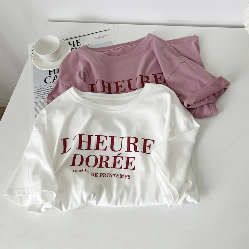 

Summer Letter Print Short Sleeve T-Shirt Women Korean Loose Round Neck Cotoon Casual Tees