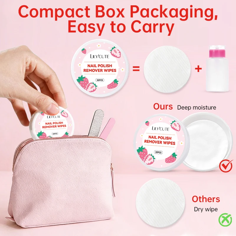 LILYCUTE 32Pcs Lint-Free Box Strawberry Nail Polish Remover Wipes Soft Absorbable Pads for Easy Manicure & Pedicure Bueaty Care image 4