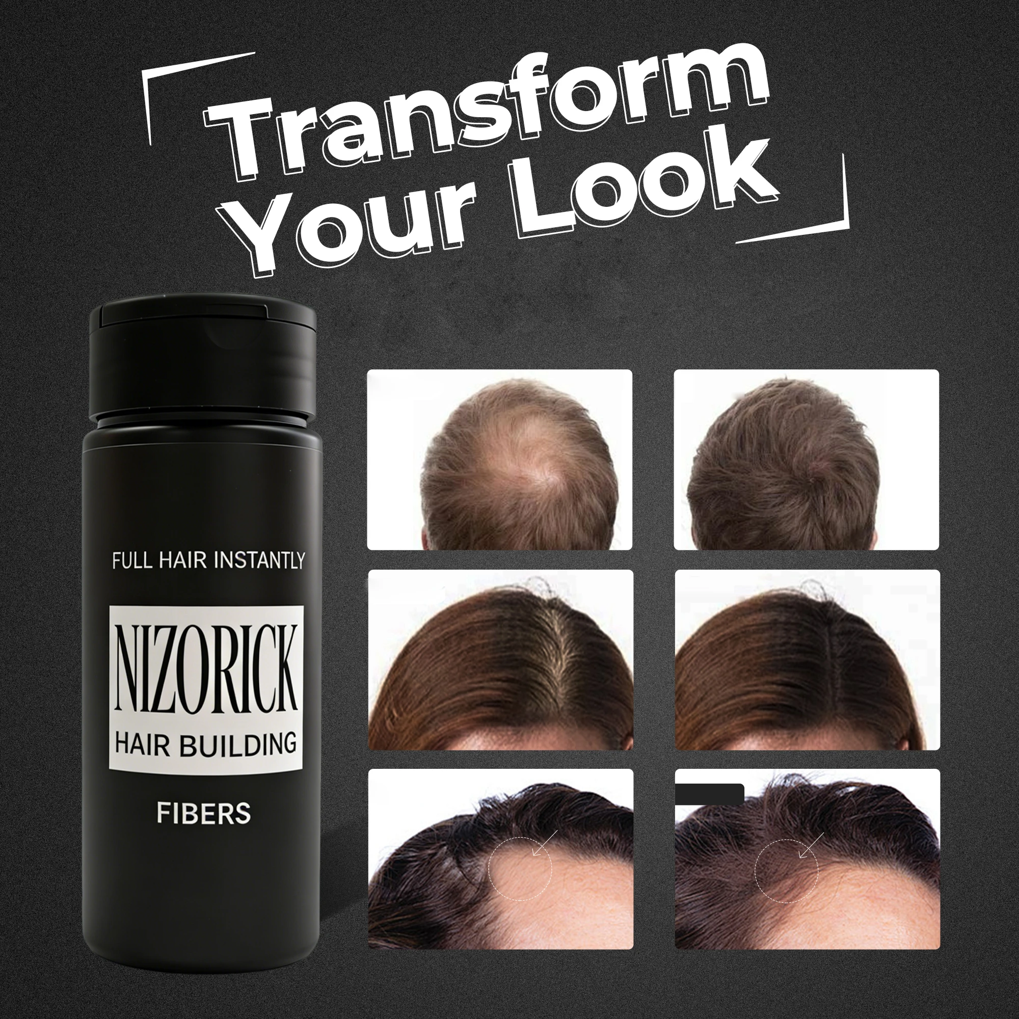 NIZO RICK Men's Hair Growth Fiber Powder 30g, Black, for covering hair imperfections and filling in the hairline.