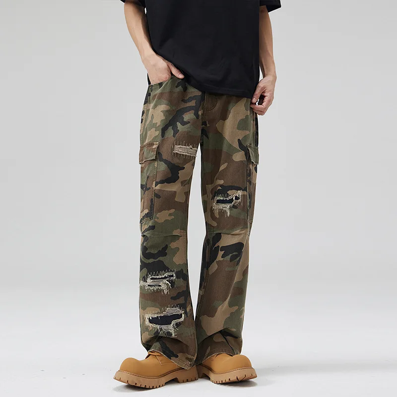 

2030 New style hole patch embroidered camouflage overalls for men straight paratroopers multi-pocket pants for men fashion brand