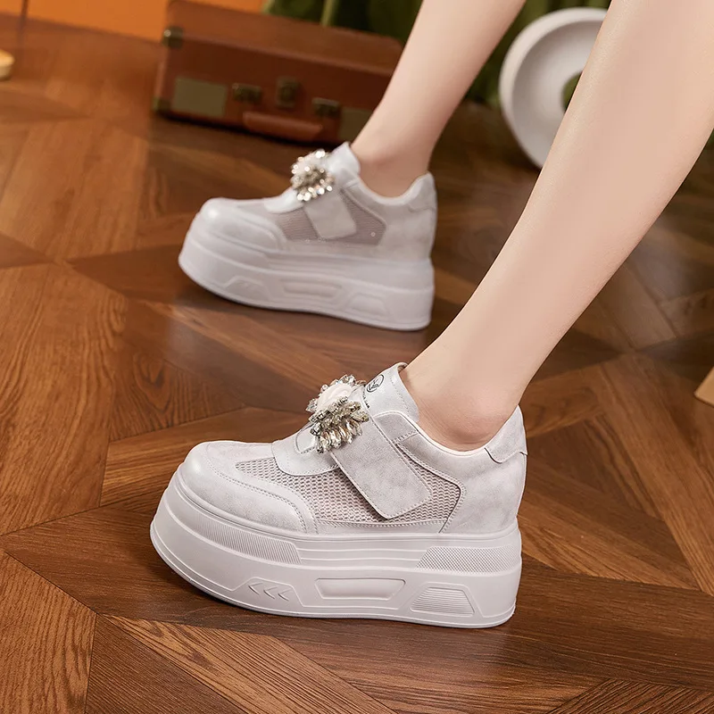 Women's Thick-soled White Shoes New Versatile Breathable Hollow Mesh Shoes Rhinestone Fashion Inner Height Increasing Women Shoe view 2