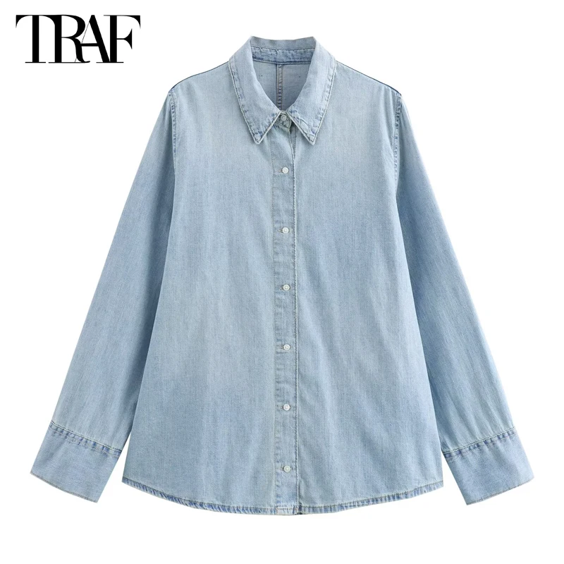 Camicia oversize in Denim TRAF camicie Casual a maniche lunghe da donna per camicie e camicette estive da donna abbottonate con colletto da donna