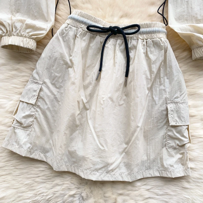 Summer Women's Set Stand up Collar Drawstring Waist Sunscreen Jacket and High Waist Skirt Two Piece Set Casual Jogging Set