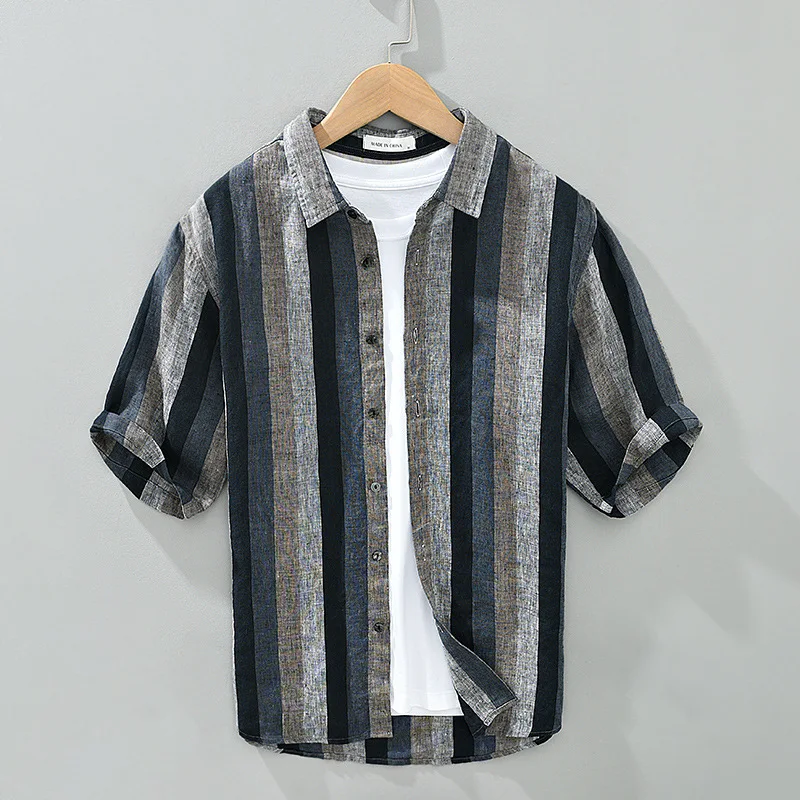 Pure Linen Striped Half Sleeve Shirt Men Summer Youth Trend Casual Versatile Five Sleeve Length Loose Fit Contrast Color