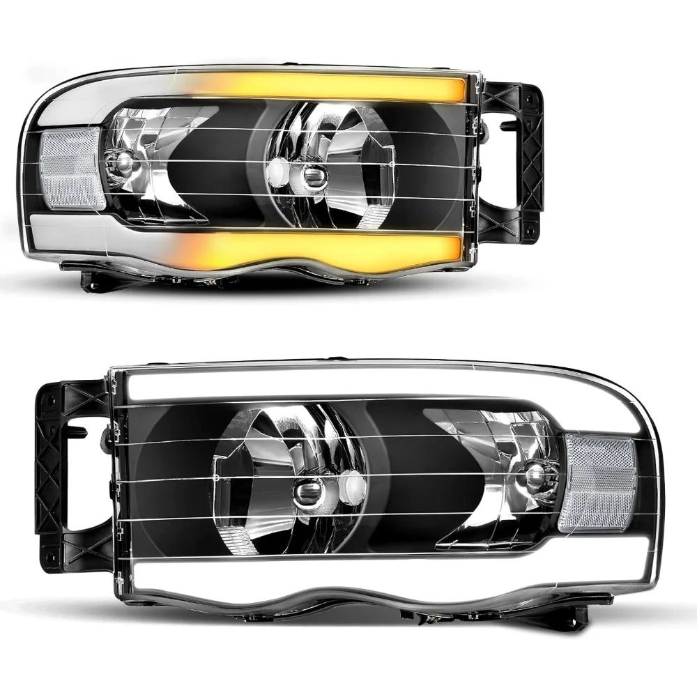 Switchback LED Tube Headlights Assembly Compatible  Headlight Headlamp Replacement Pair Black Housing Clear Reflector