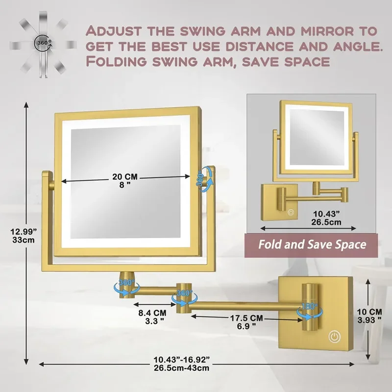 Gold  3X Magnifying Folding Bathroom Mirrors with  Lighted  Led Bathroom Accessories Makeup Mirror Touch Square Bathroom Mirror