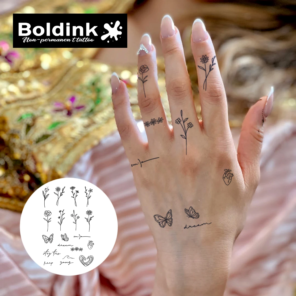 BOLDINK Small Butterfly And Flower Tattoo Sticker for Women Fresh Hand-Painted Pattern Waterproof Long-Lasting Color Retention