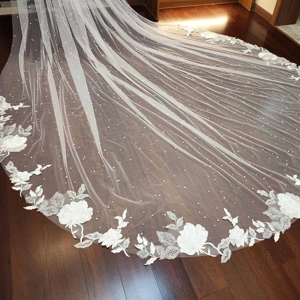 Luxury Pearls Wedding Veil with Flora Lace Heavy 3.5 Meters Long One Tier Bridal Veil New Head Veil Wedding Accessories