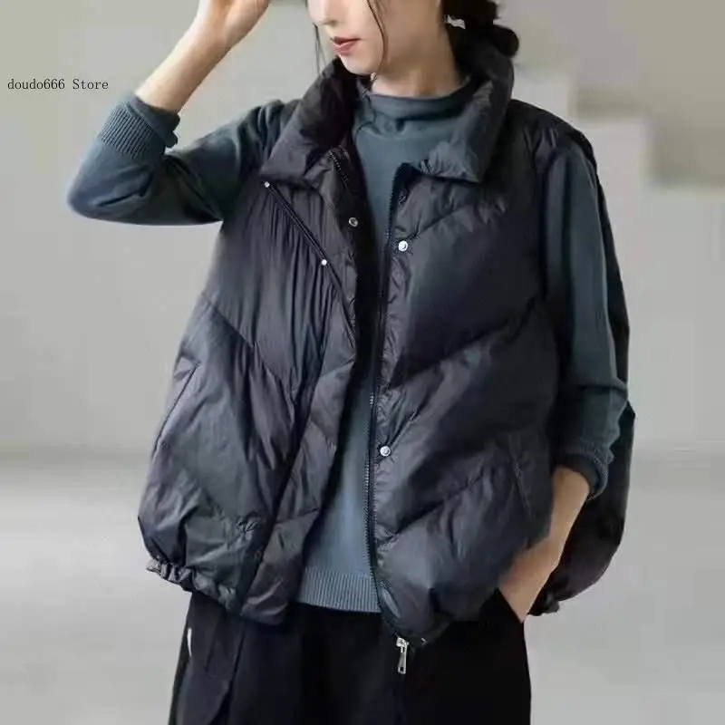 Spring and Autumn Winter New Chinese Style White Duck Down Short Down Jacket Shoulder Jacket Sleeveless Vest for Women