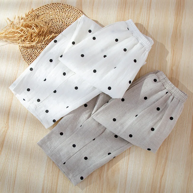 

2025 Polka Dot Linen Women's Thin Home Sleep Bottoms Spring and Summer Loose Wide-leg Pants Elastic Waist Pajama Pants