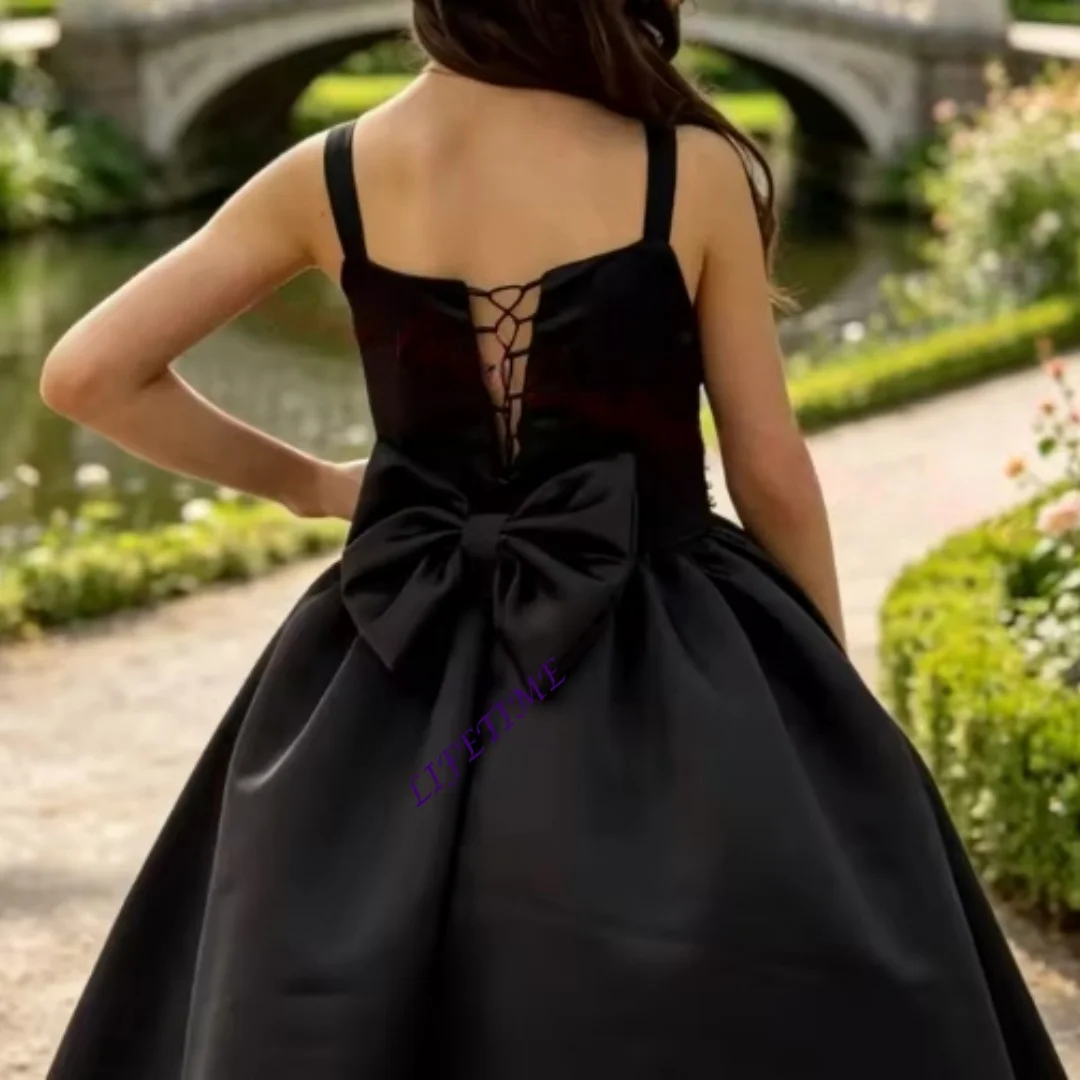 Black Flower Girl Dress Satin Pageant Wedding Dress for Girls First Communion Ball Gown with Bow Customizable