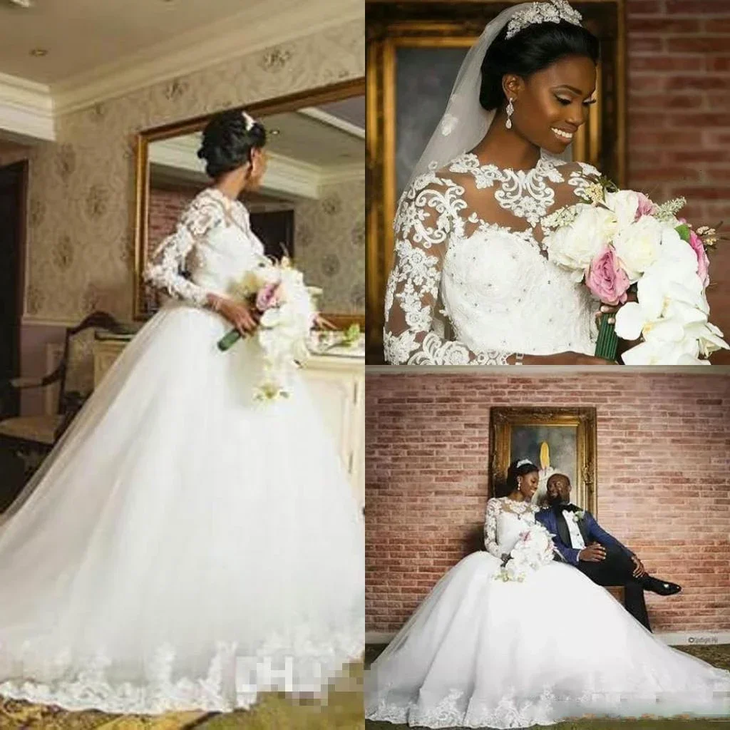 Customized Fashion High Neck IIIusion Long Sleeve Lace Wedding Dress Robe De Mariee Appliques Ballgown Bridal Gowns For Bride