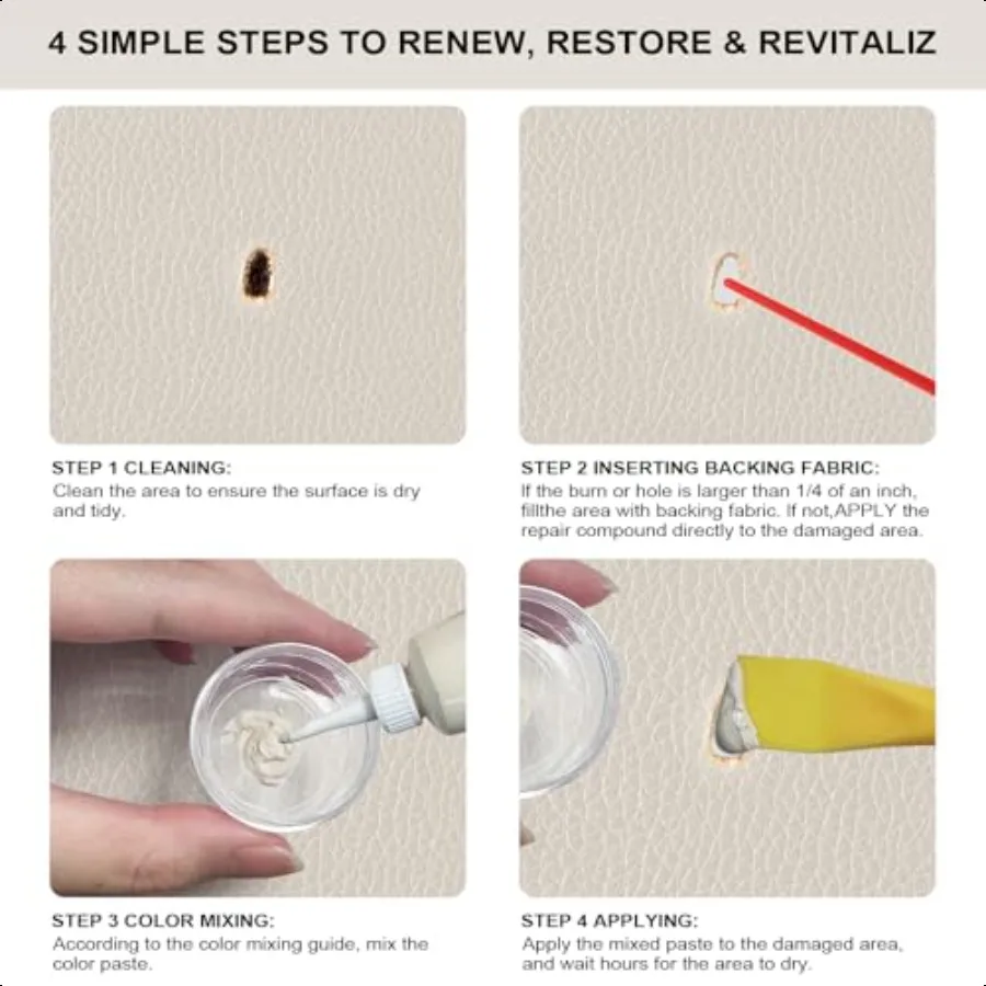 طقم إصلاح الجلد الكريمي للأثاث والجلود والأرائك الداخلية للسيارة وسترة مقعد السيارة وأريكة القارب أو المحفظة يستعيد Fa