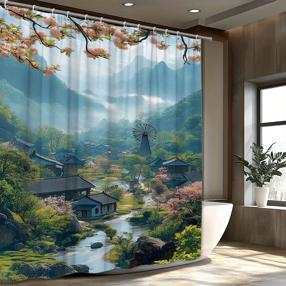 Polyester Shower Curtain-Misty Mountain Village with Cherry Blossoms,River Scene,Unlined, Woven Fabric,All-Season Bathroom Dec