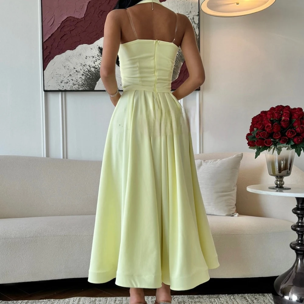 Graceful Satin Evening Dresses Temperament A-Line Ankle Length Halter Sleeveless Custom Size Zipper Back Special Occasion Gowns