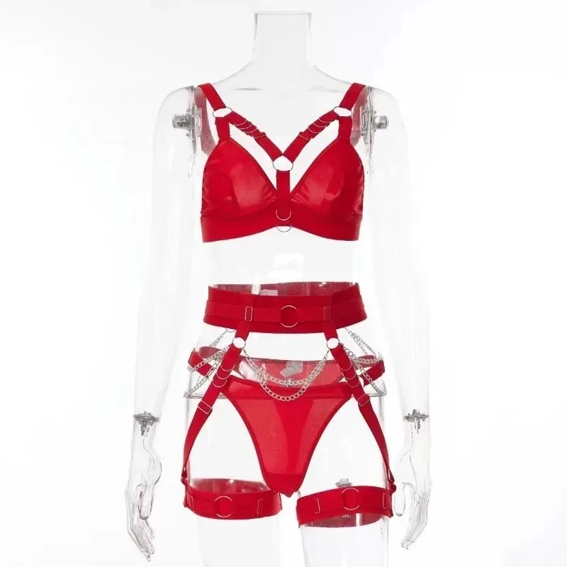 Tornova Lencerias セクシーなスーツ女性のためのメタルチェーンパッチワークソリッドカラーガーター下着セットセクシーな中空アウト 3 ピース下着