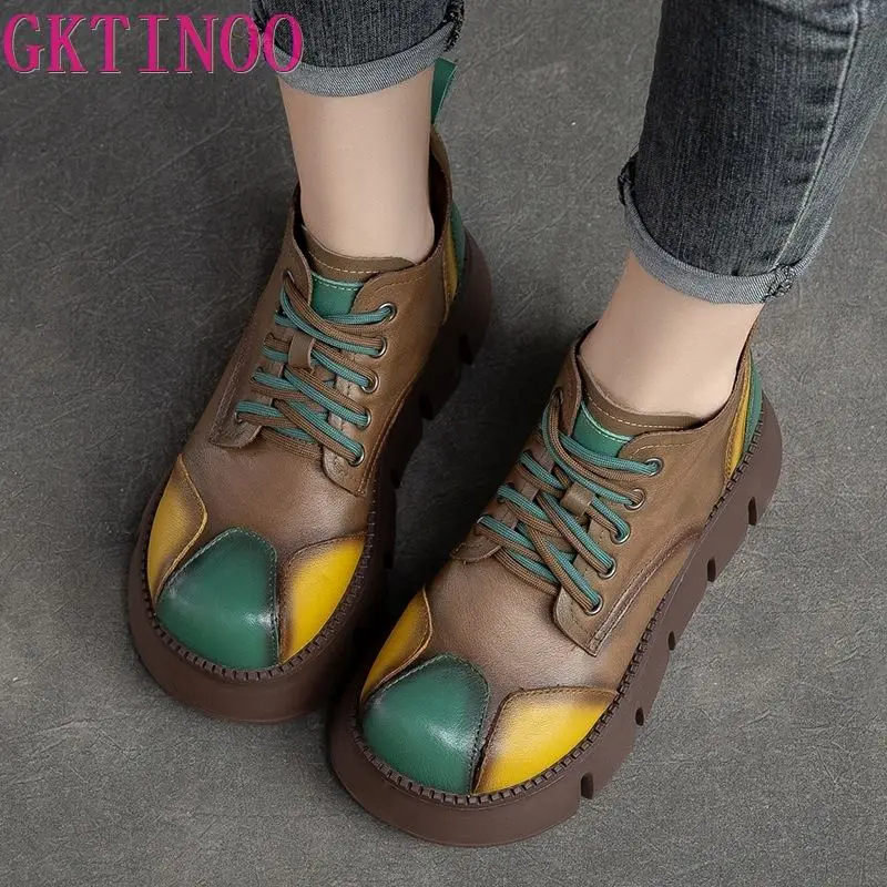 GKTINOO 2024 Autumn New Thick Sole Mixed Colors Retro Flat Platform Shoes Genuine Leather Versatile Lace Up Pumps Casual Shoes