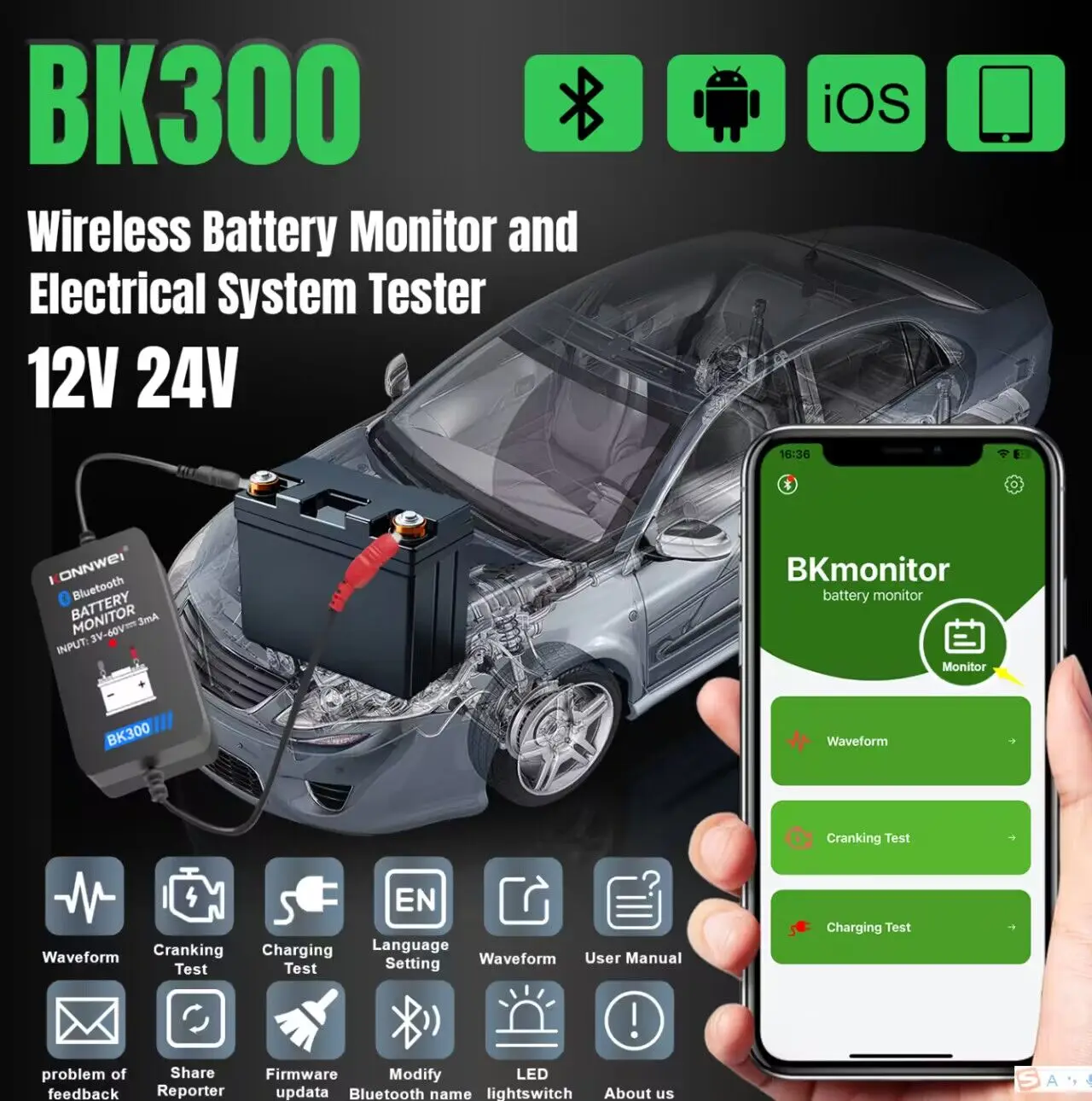 2024 KONNWEI BK300 12V 24V Bluetooth 5.0 Car Truck Battery Tester Waveform Monitor Charging Cranking Test Tools for ios Android