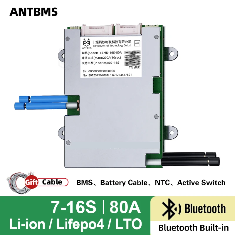 

ANT Smart BMS 7S 8S 10S 12S 13S 14S 16S Li-ion Lifepo4 LTO Battery 24V 36V 48V 60V continuous 80A peak 200A smart balance board