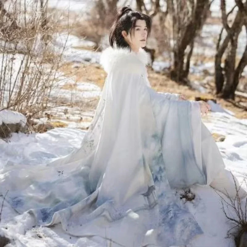

Chinese Style Immortal Costume Cosplay Show Hanfu Cloak Winter Long Hanfu Cloak Men Women Thicken Large Fur Collar Coat Vintage