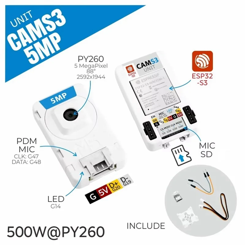M13K-Cams3 Telecamera Wi-Fi Unità 5MP Telecamera ESP32S3 da 5 Megapixe (PY260) 88 °   Microfono PDM integrato DFOV