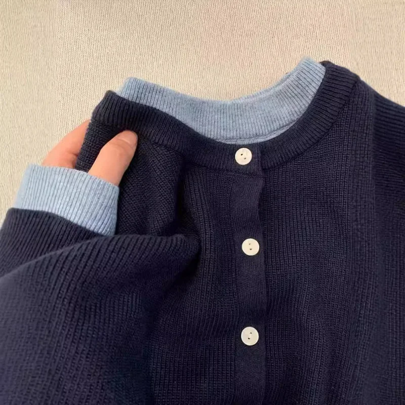 

Новинка 2023, высококачественный темно-синий свитер для женщин, осень и зима, ленивый свободный крой, универсальный вязаный свитер из двух частей