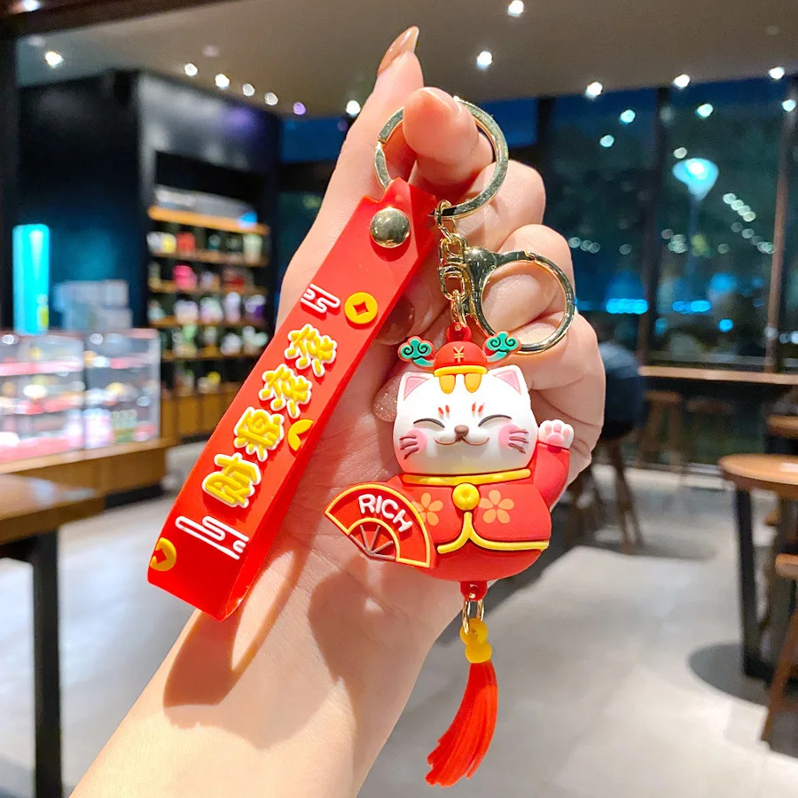 Handmade DIY Craft Rhinestone Lucky Cat Tassels Cartoon Cat Keychain Cute Bag Charm Holder Cartoon Resin Key Chain K4885